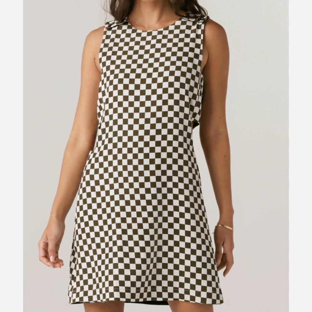 NWT Vetta reversible shift dress in olive and white check or solid olive